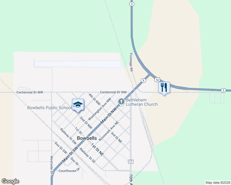 map of restaurants, bars, coffee shops, grocery stores, and more near 147-199 Centennial Drive Northwest in Bowbells