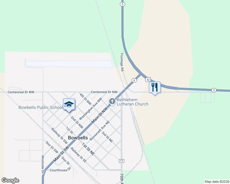 map of restaurants, bars, coffee shops, grocery stores, and more near 147 Centennial Drive Northwest in Bowbells