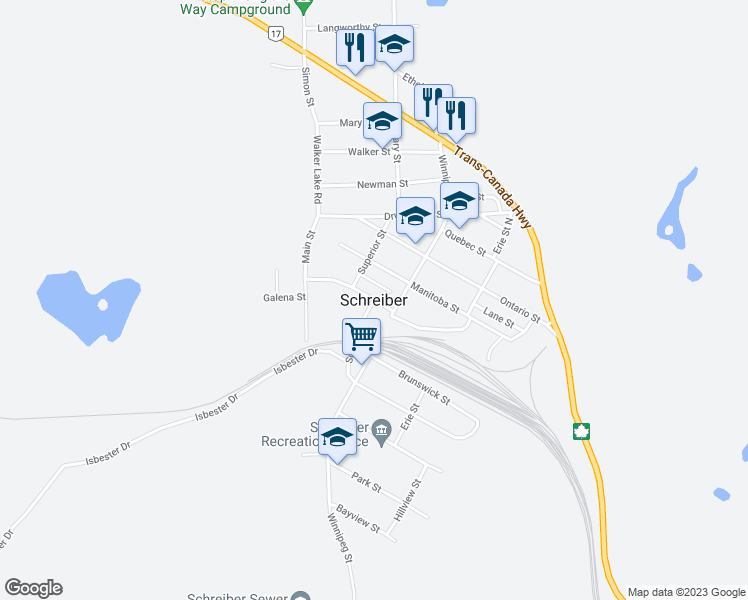 map of restaurants, bars, coffee shops, grocery stores, and more near in Schreiber