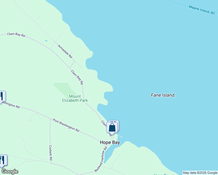 map of restaurants, bars, coffee shops, grocery stores, and more near Clam Bay Road in Pender Island