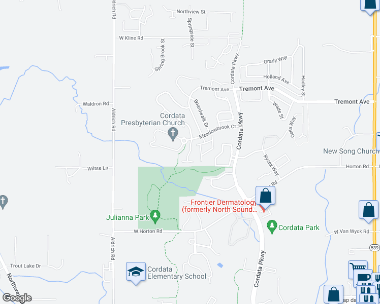 map of restaurants, bars, coffee shops, grocery stores, and more near Quinn Court in Bellingham