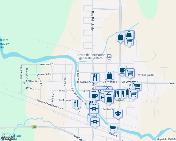 map of restaurants, bars, coffee shops, grocery stores, and more near 12 2e Avenue Ouest in La Sarre