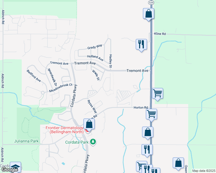 map of restaurants, bars, coffee shops, grocery stores, and more near 4625 Celia Way in Bellingham