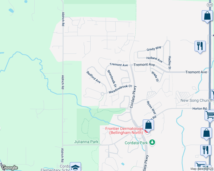 map of restaurants, bars, coffee shops, grocery stores, and more near 4615 Bedford Avenue in Bellingham