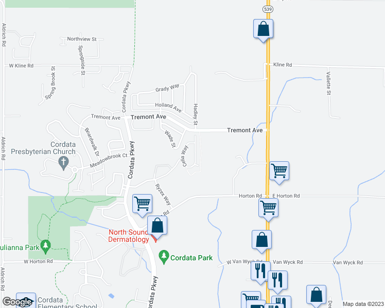 map of restaurants, bars, coffee shops, grocery stores, and more near 4633 Celia Way in Bellingham