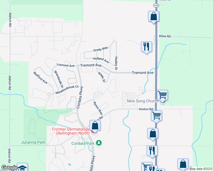 map of restaurants, bars, coffee shops, grocery stores, and more near 4647 Wade Street in Bellingham