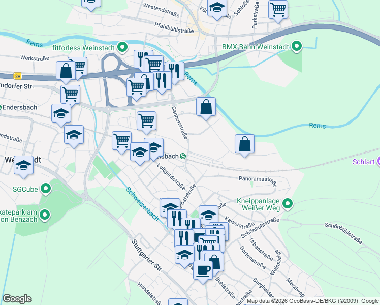 map of restaurants, bars, coffee shops, grocery stores, and more near in Weinstadt