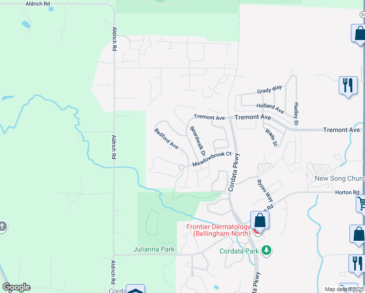 map of restaurants, bars, coffee shops, grocery stores, and more near 4615 Bedford Avenue in Bellingham