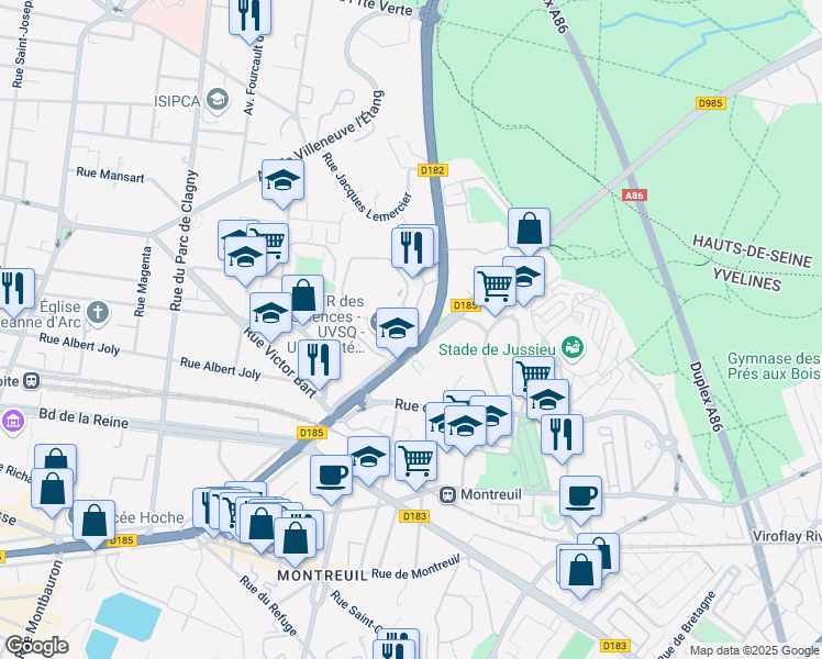 map of restaurants, bars, coffee shops, grocery stores, and more near 55 Avenue de Paris in Versailles