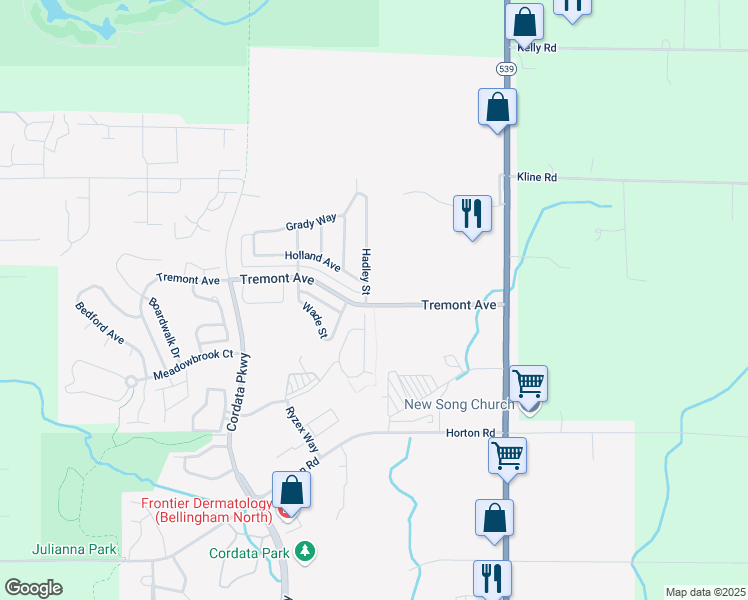 map of restaurants, bars, coffee shops, grocery stores, and more near 4700 Hadley Street in Bellingham