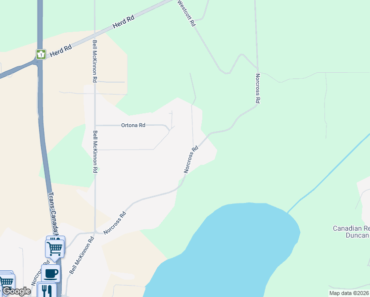 map of restaurants, bars, coffee shops, grocery stores, and more near 6664 Anzio Road in Duncan