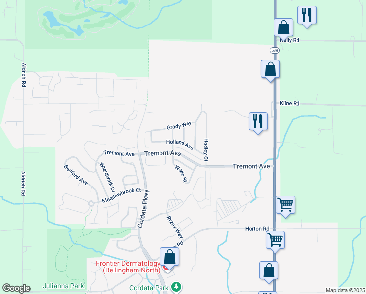map of restaurants, bars, coffee shops, grocery stores, and more near 4706 Wade Street in Bellingham