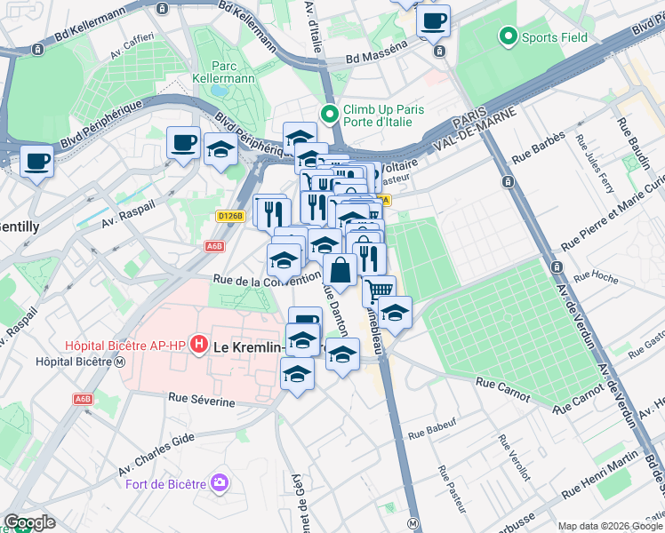 map of restaurants, bars, coffee shops, grocery stores, and more near 10 Rue de la Convention in Le Kremlin-Bicêtre