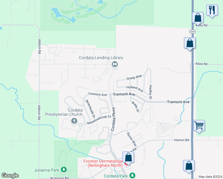 map of restaurants, bars, coffee shops, grocery stores, and more near 4700 Cordata Parkway in Bellingham