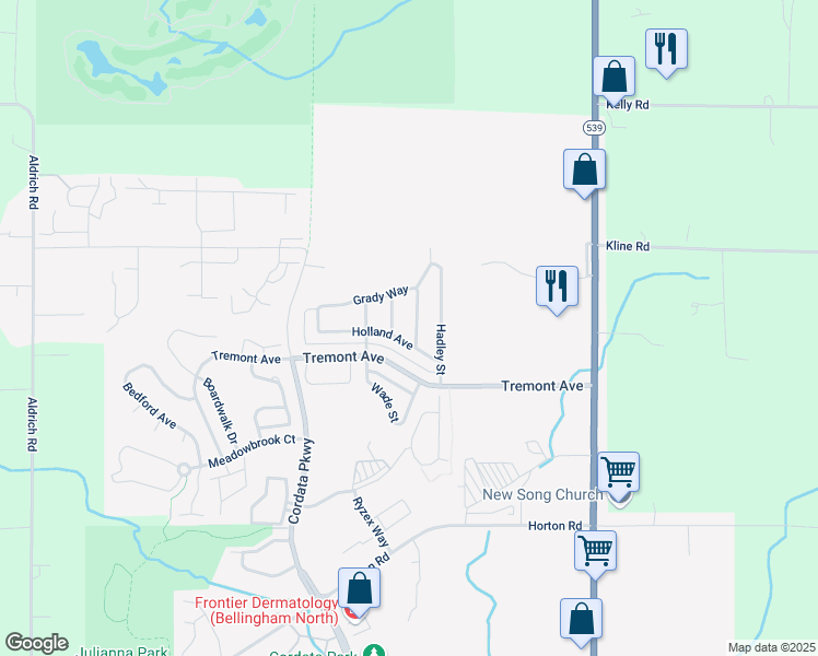 map of restaurants, bars, coffee shops, grocery stores, and more near 4713 Parker Street in Bellingham
