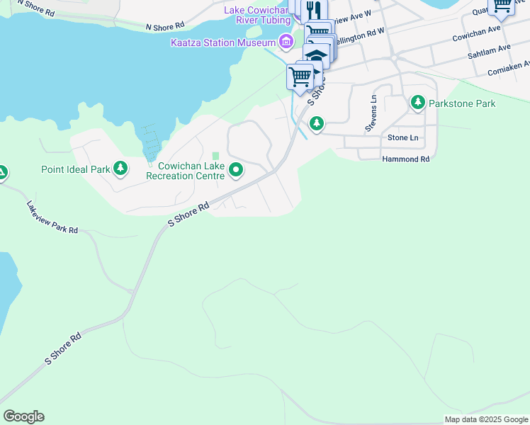 map of restaurants, bars, coffee shops, grocery stores, and more near 166 Sall Road in Lake Cowichan