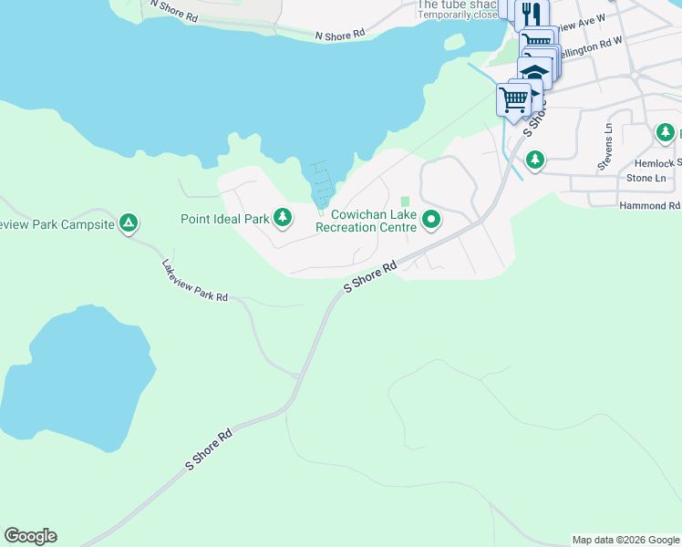 map of restaurants, bars, coffee shops, grocery stores, and more near 346 South Shore Road in Lake Cowichan