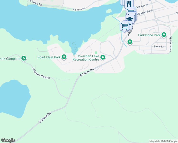 map of restaurants, bars, coffee shops, grocery stores, and more near 346 South Shore Road in Lake Cowichan