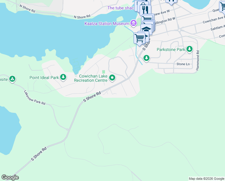 map of restaurants, bars, coffee shops, grocery stores, and more near 332 South Shore Road in Lake Cowichan