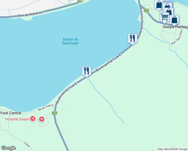 map of restaurants, bars, coffee shops, grocery stores, and more near 127 Boulevard de York Est in Gaspé