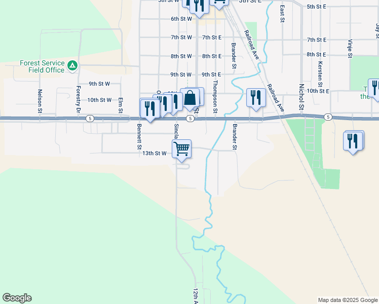 map of restaurants, bars, coffee shops, grocery stores, and more near 607 Vera Street in Bottineau