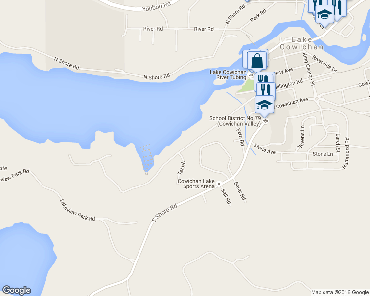 map of restaurants, bars, coffee shops, grocery stores, and more near Point Ideal Drive in Lake Cowichan