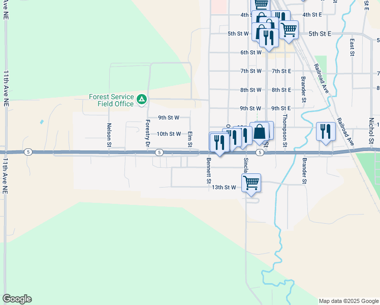 map of restaurants, bars, coffee shops, grocery stores, and more near Elm Street in Bottineau