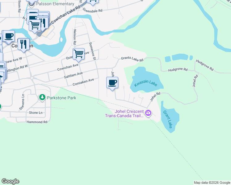 map of restaurants, bars, coffee shops, grocery stores, and more near 99 Johel Road in Lake Cowichan