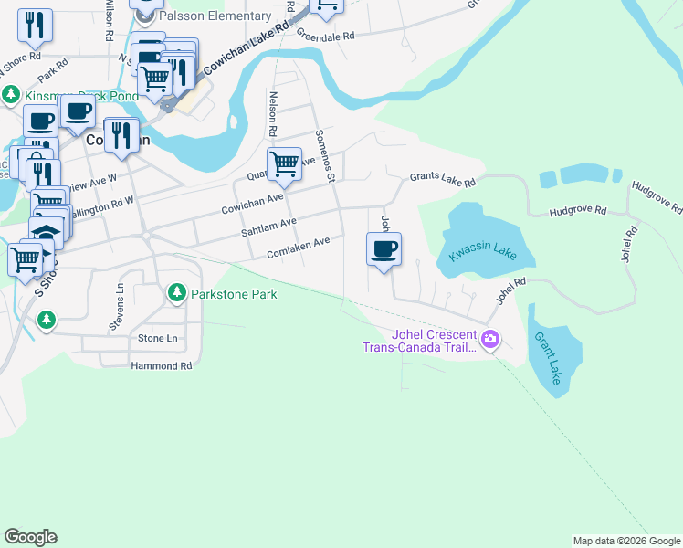 map of restaurants, bars, coffee shops, grocery stores, and more near 90 Boundary Road in Lake Cowichan