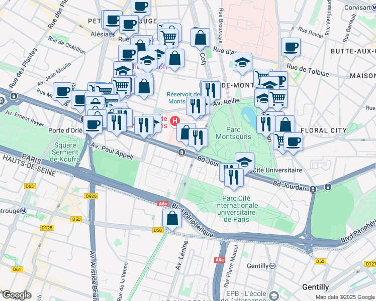 map of restaurants, bars, coffee shops, grocery stores, and more near 32 Boulevard Jourdan in Paris