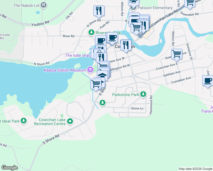 map of restaurants, bars, coffee shops, grocery stores, and more near 172 South Shore Road in Lake Cowichan