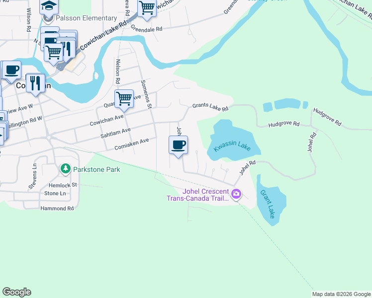 map of restaurants, bars, coffee shops, grocery stores, and more near 99 Johel Road in Lake Cowichan
