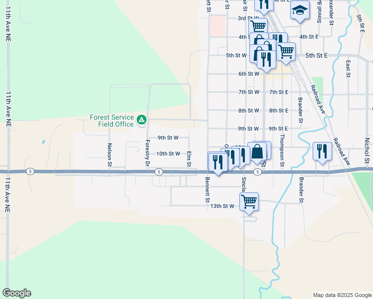 map of restaurants, bars, coffee shops, grocery stores, and more near Elm Street in Bottineau