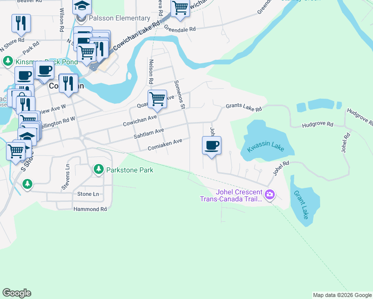 map of restaurants, bars, coffee shops, grocery stores, and more near 90 Boundary Road in Lake Cowichan
