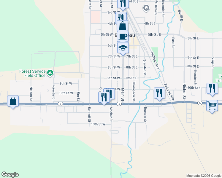 map of restaurants, bars, coffee shops, grocery stores, and more near 201 10th Street West in Bottineau
