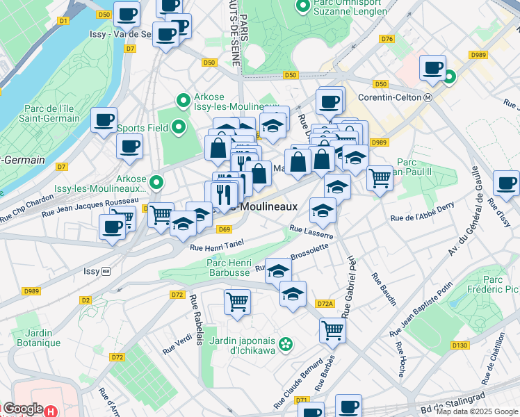 map of restaurants, bars, coffee shops, grocery stores, and more near in Issy-les-Moulineaux
