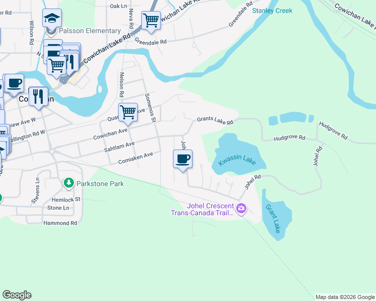 map of restaurants, bars, coffee shops, grocery stores, and more near 99 Johel Road in Lake Cowichan