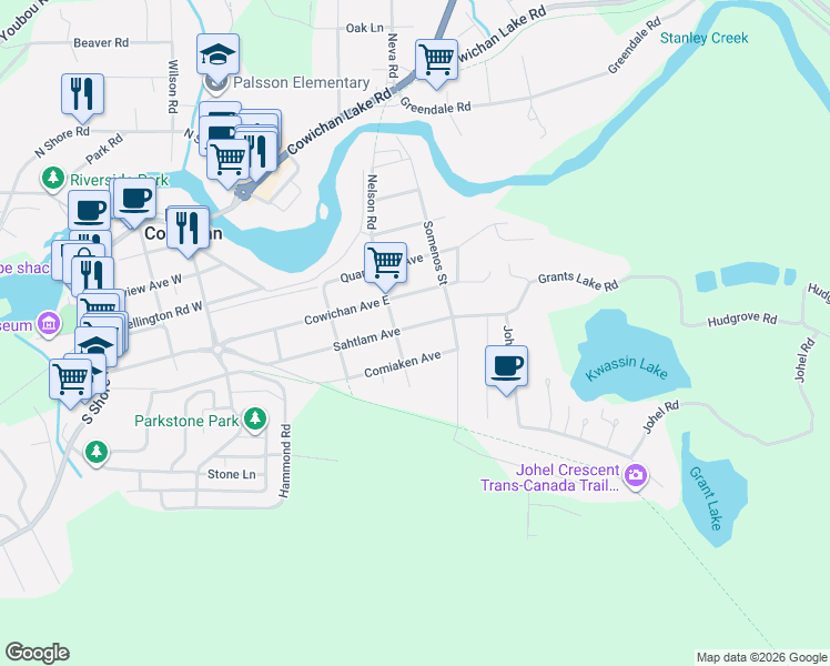 map of restaurants, bars, coffee shops, grocery stores, and more near 146 Sahtlam Avenue in Lake Cowichan