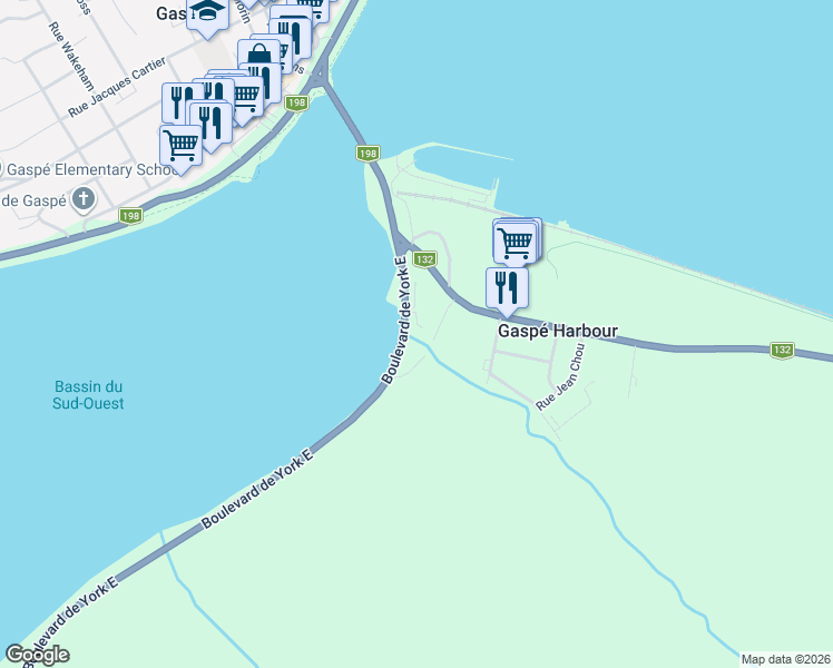 map of restaurants, bars, coffee shops, grocery stores, and more near 27 Boulevard de York Est in Gaspé