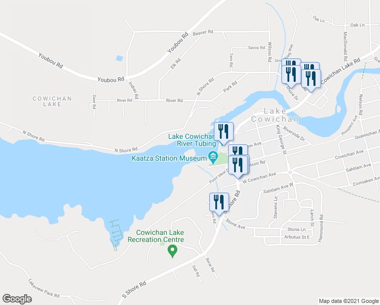 map of restaurants, bars, coffee shops, grocery stores, and more near Lakeview Avenue in Honeymoon Bay