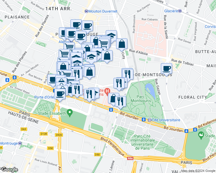 map of restaurants, bars, coffee shops, grocery stores, and more near 53 Avenue Reille in Paris