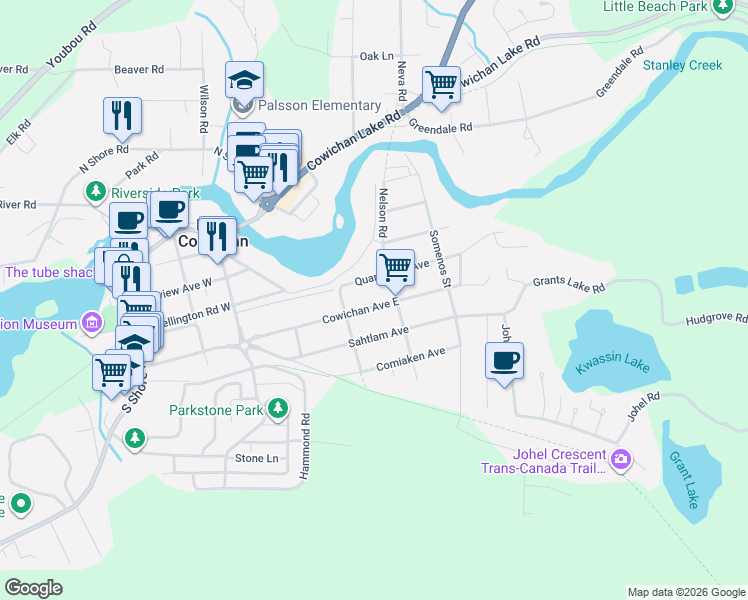 map of restaurants, bars, coffee shops, grocery stores, and more near 105 Cowichan Avenue East in Lake Cowichan
