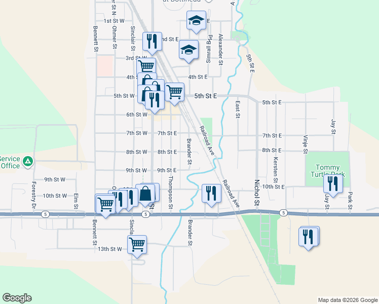 map of restaurants, bars, coffee shops, grocery stores, and more near 800 Brander Street in Bottineau