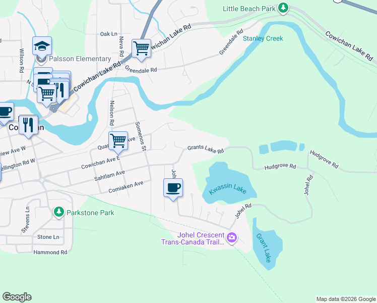 map of restaurants, bars, coffee shops, grocery stores, and more near 236 Grants Lake Road in Lake Cowichan