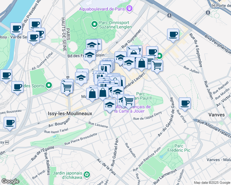 map of restaurants, bars, coffee shops, grocery stores, and more near in Issy-les-Moulineaux
