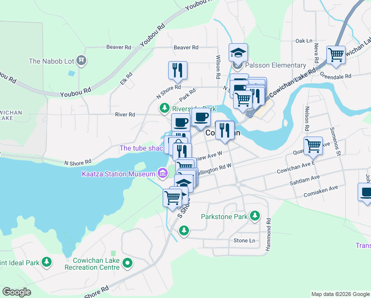 map of restaurants, bars, coffee shops, grocery stores, and more near 74 South Shore Road in Lake Cowichan