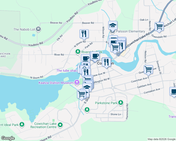 map of restaurants, bars, coffee shops, grocery stores, and more near 74 South Shore Road in Lake Cowichan