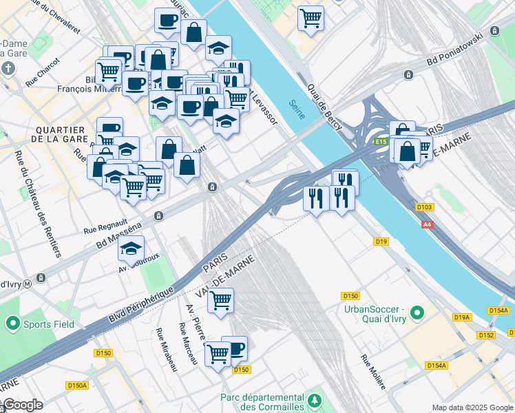 map of restaurants, bars, coffee shops, grocery stores, and more near 51 Rue Bruneseau in Paris