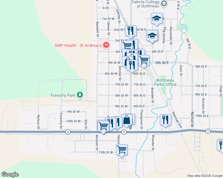 map of restaurants, bars, coffee shops, grocery stores, and more near 701-799 Ohmer Street in Bottineau
