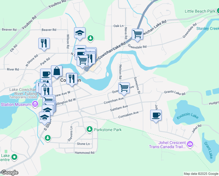 map of restaurants, bars, coffee shops, grocery stores, and more near 4 Prospect Avenue in Lake Cowichan